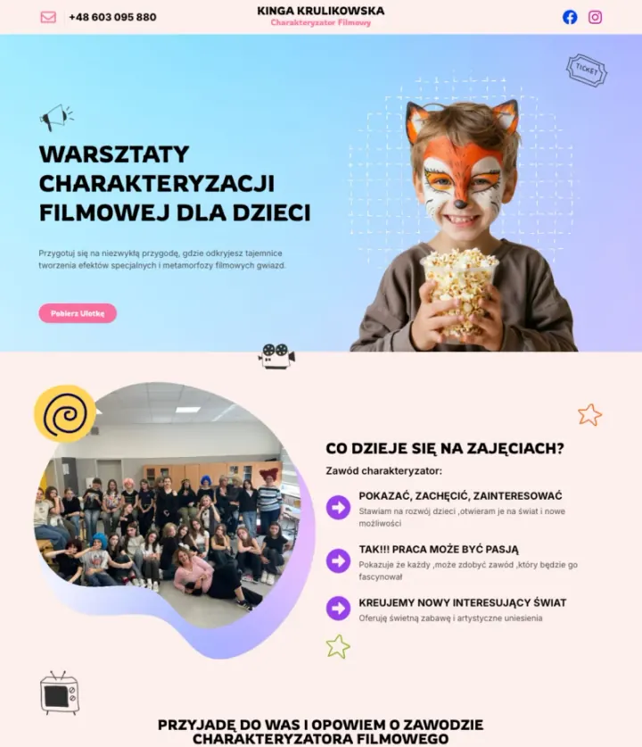 Projekt strony warsztatów charakteryzacji filmowej dla dzieci