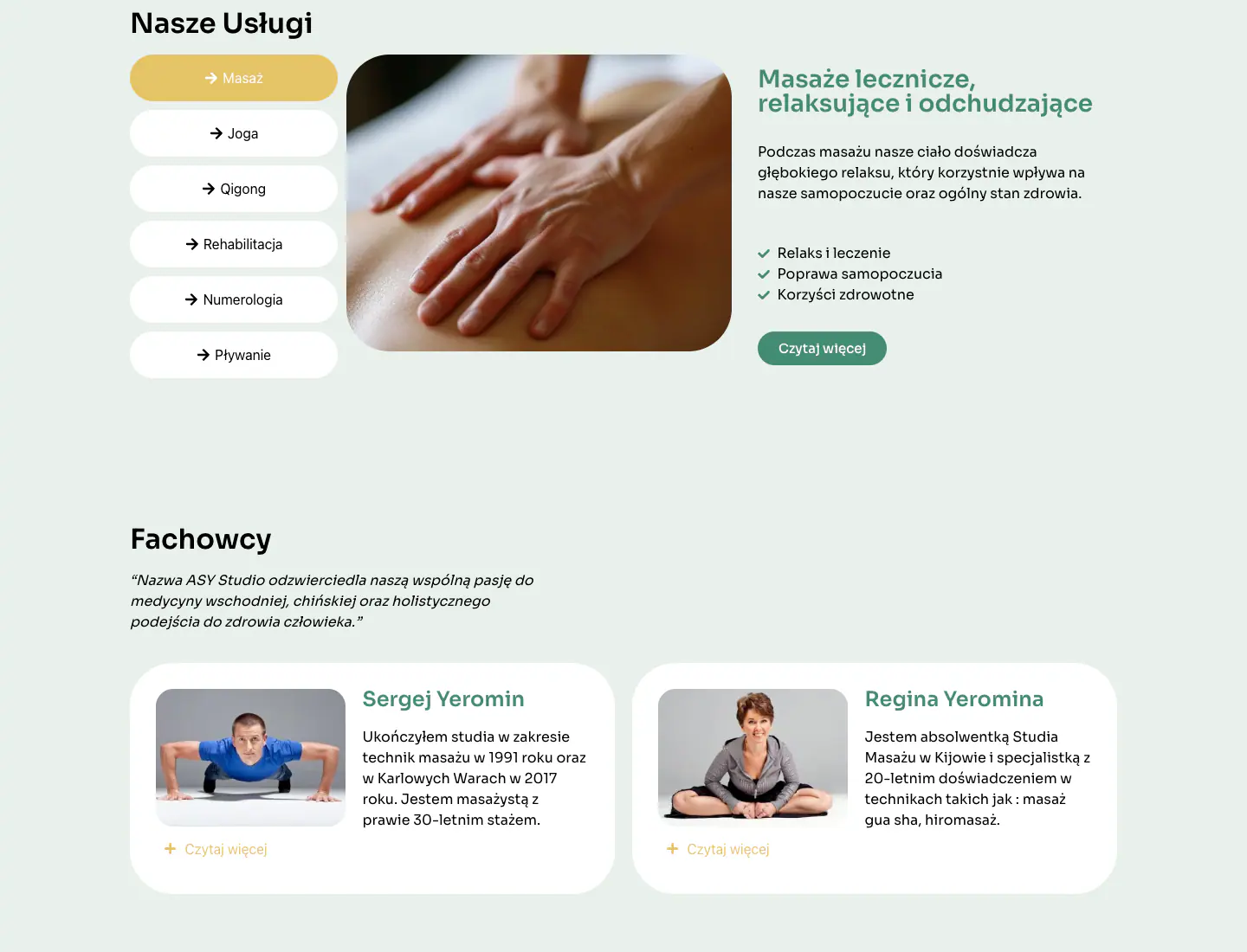 Oferta masażu, jogi, Qigong i rehabilitacji na stronie ASY Studio