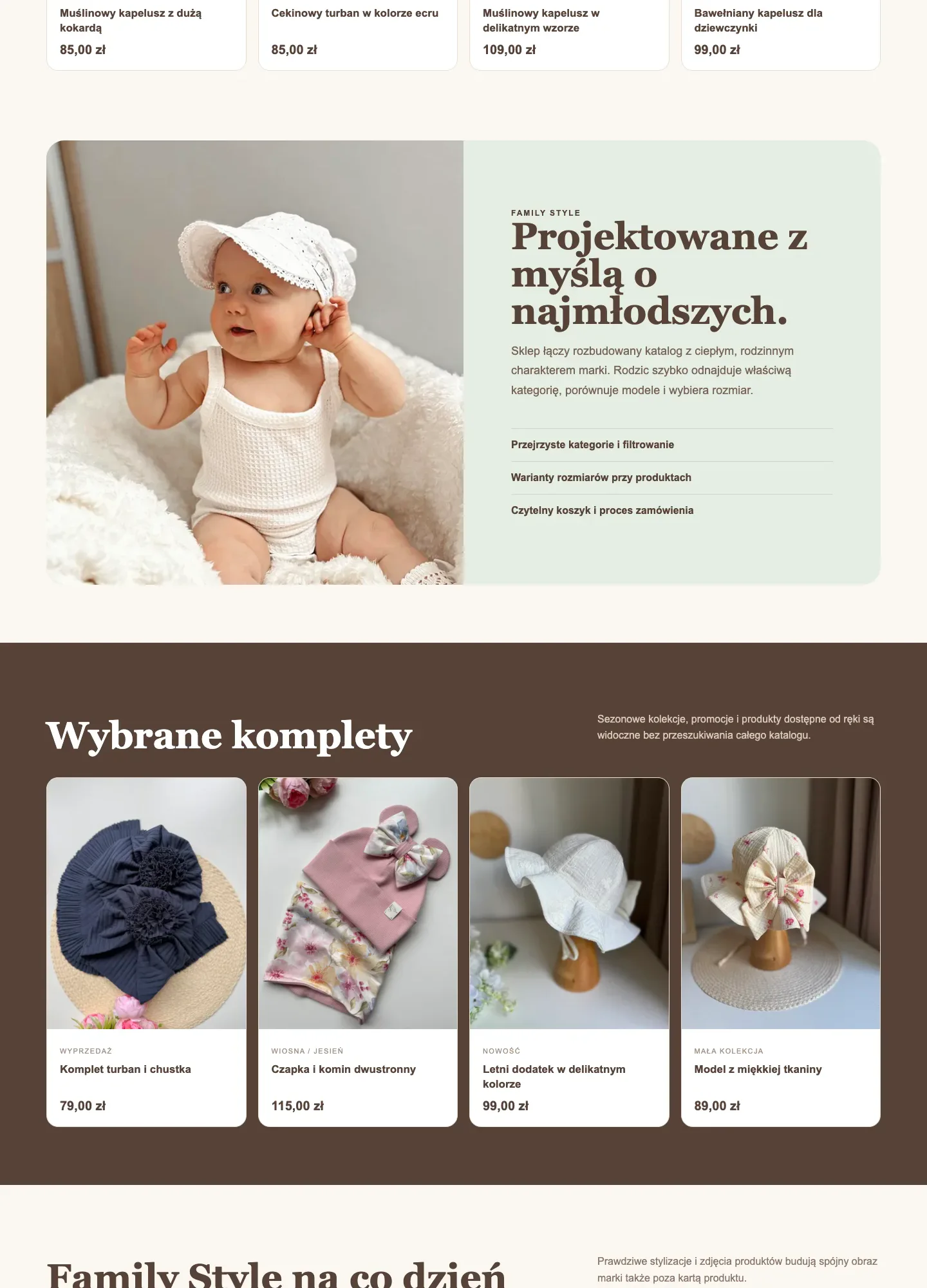 Sekcje marki Family Style z katalogiem i prezentacją odzieży dziecięcej